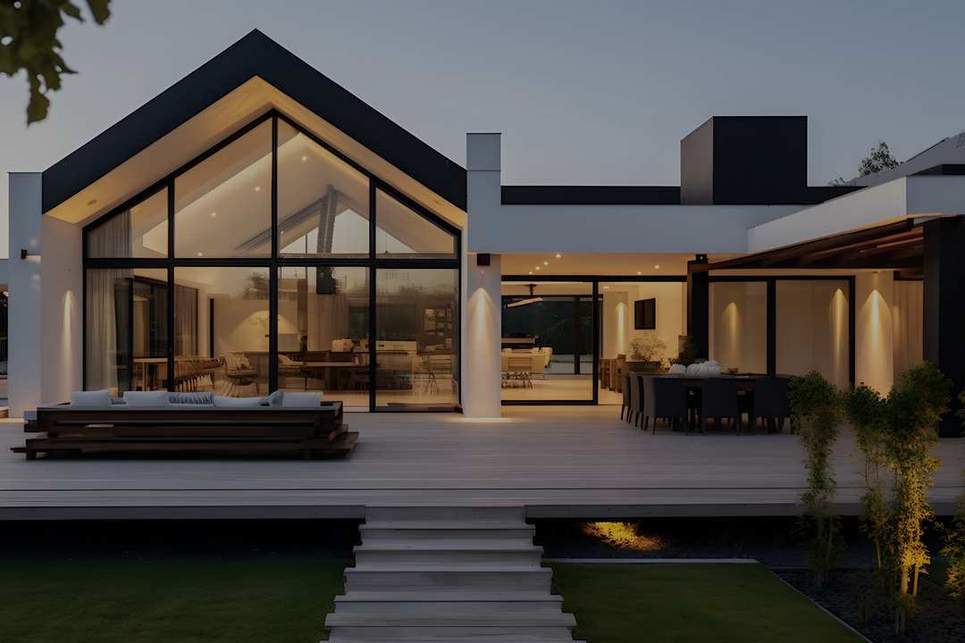 Modern house exterior with large glass windows at dusk security and heat protection from sun. Film does not block the view