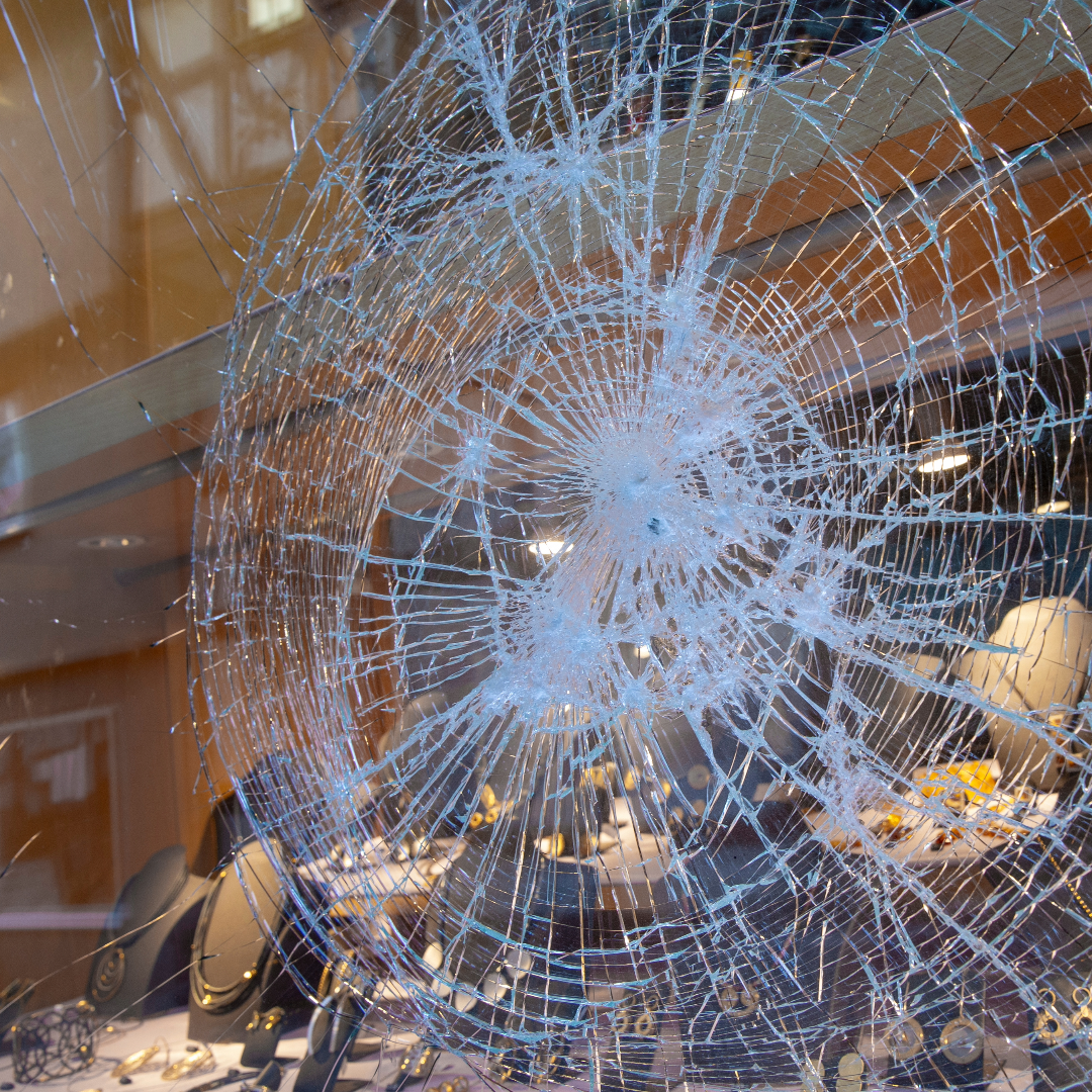 Broken glass with a spider web pattern protection against thieves for all businesses 