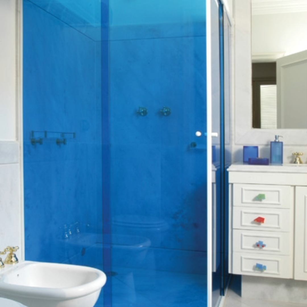 Bathroom with a blue shower window film decor